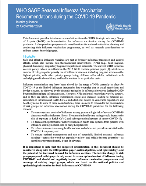 WHO SAGE Seasonal Influenza Vaccination Recommendations during the COVID-19 Pandemic